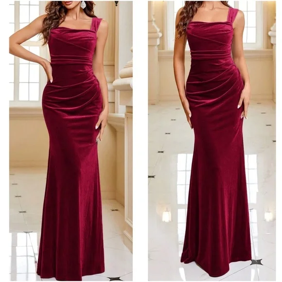 Luxe Velvet Ruched Party Formal Wedding Black Tie Maxi Dress - Picture 3 of 6